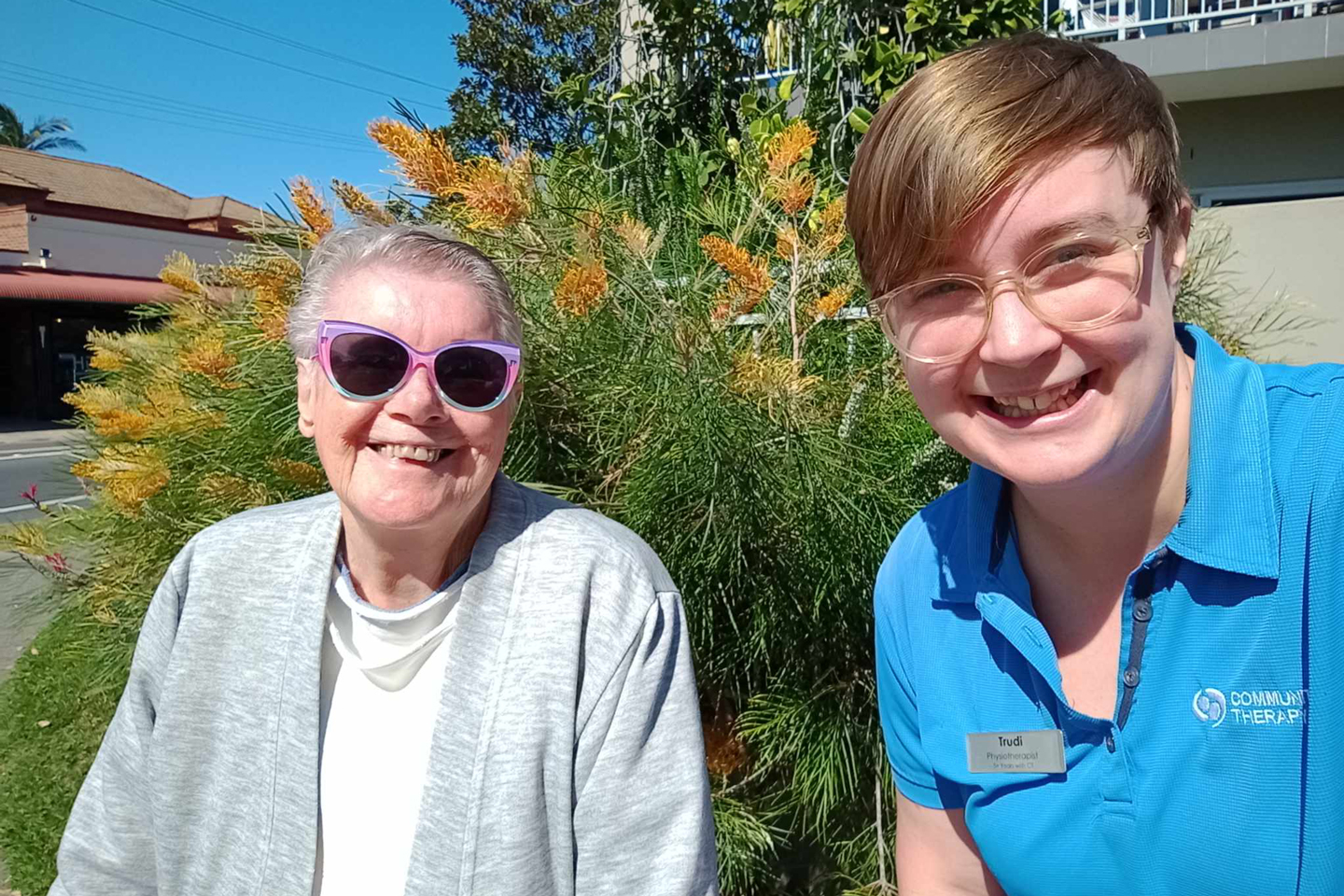 Selfie of smiling Physiotherapist and older adult